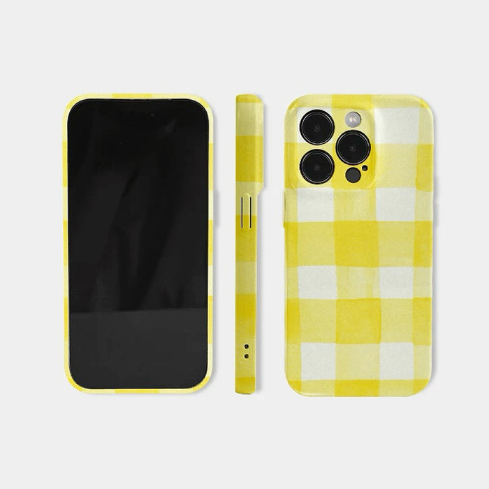 Bright retro aesthetic Cream Yellow Checker Case. Polished finish for a trendy vintage fashion accessory.