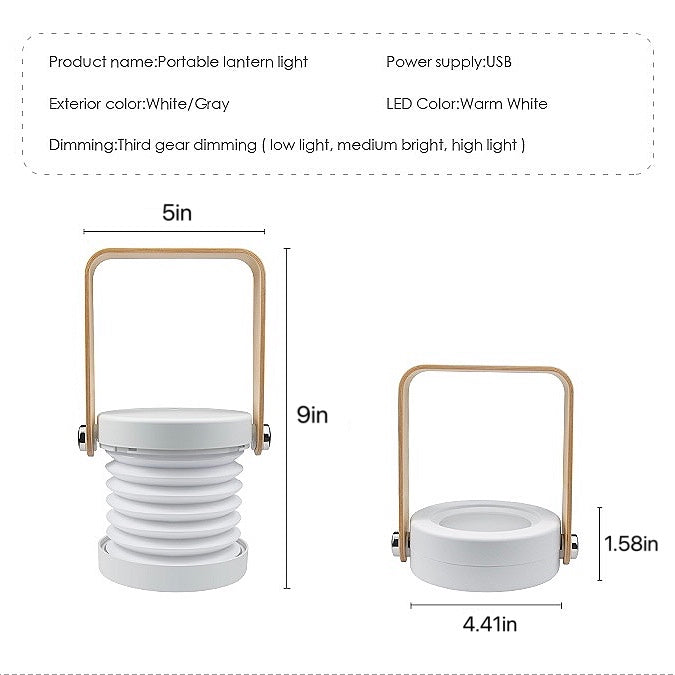 White and wood Creative Lantern Lamp, shown stretched as a 9 tall lantern and retracted as a 1.58 searchlight.