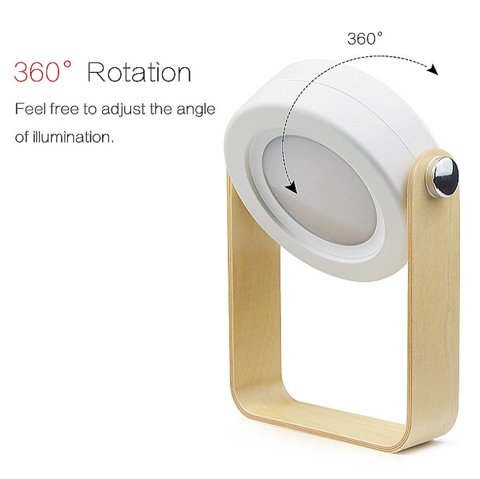 White and wood creative lantern lamp with 360-degree rotation, shown in its retracted searchlight form.
