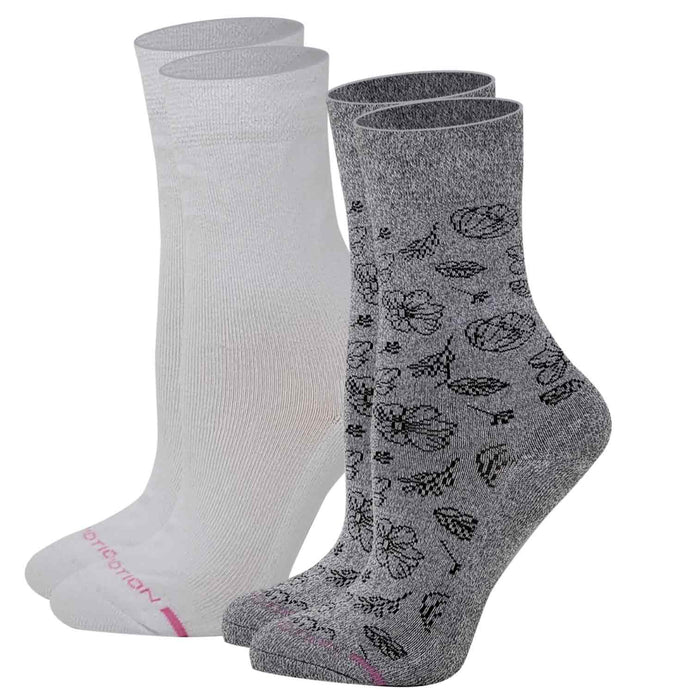 Women’s crew diabetic socks with floral outline design and half-cushion comfort