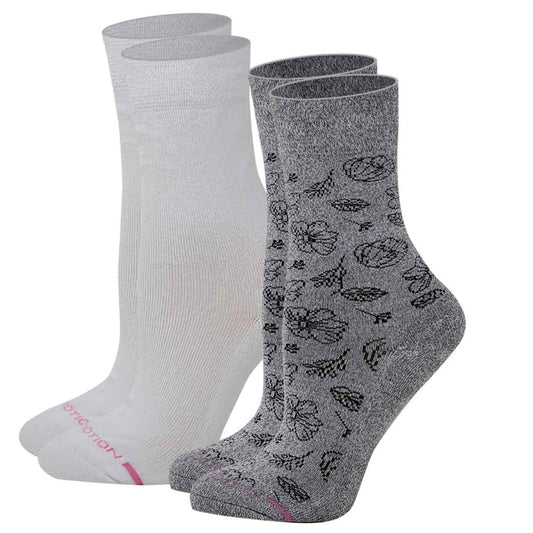 Women’s crew diabetic socks with floral outline design and half-cushion comfort