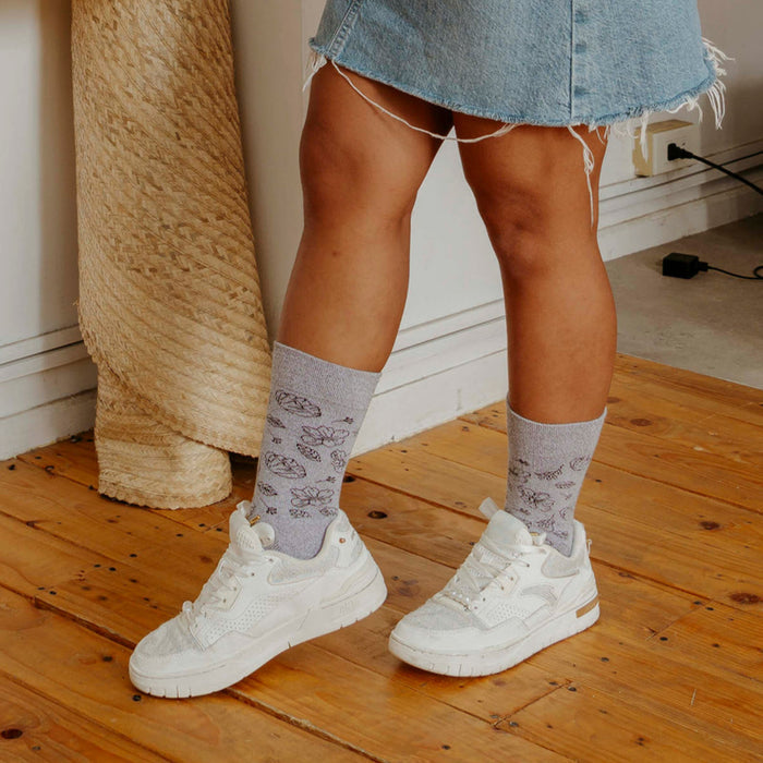 Dr. Motion floral crew diabetic socks worn for everyday comfort and circulation support