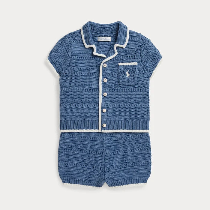 Crochet Shirt with Shorts in Blue - Madison's Niche