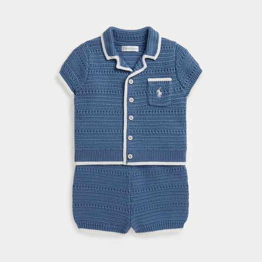 Crochet Shirt with Shorts in Blue - Madison's Niche