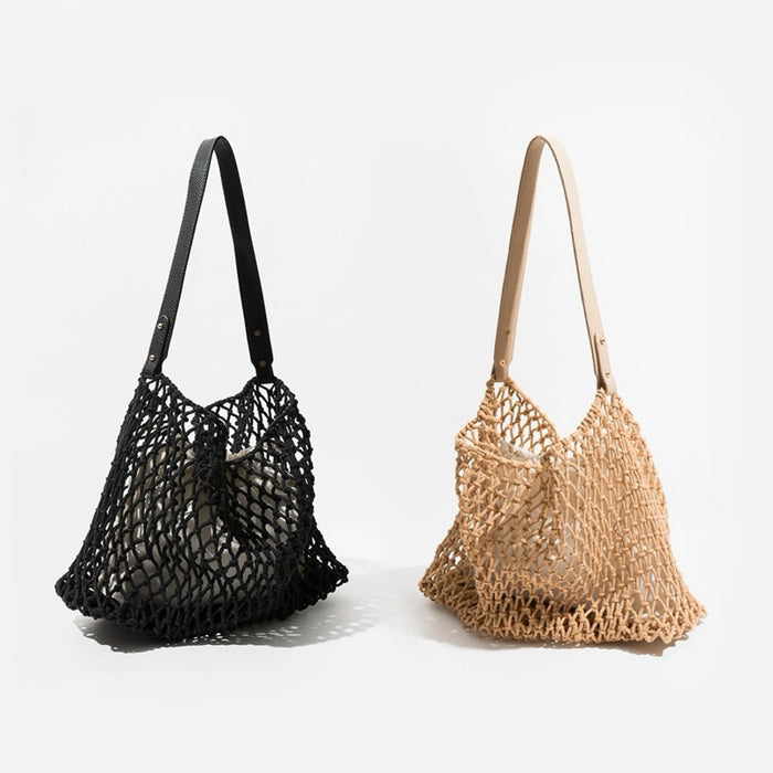 Two crochet shoulder bags with leather straps: one black cotton rope with a black strap, one natural camel with a light.