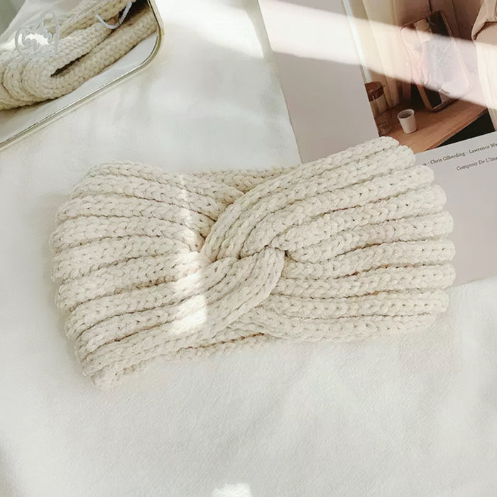 Close-up of Crochet Velvet Twist Headband in white, easy for workdays and special occasions.