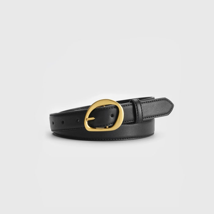 Black PU leather belt with a curved oval gold buckle.