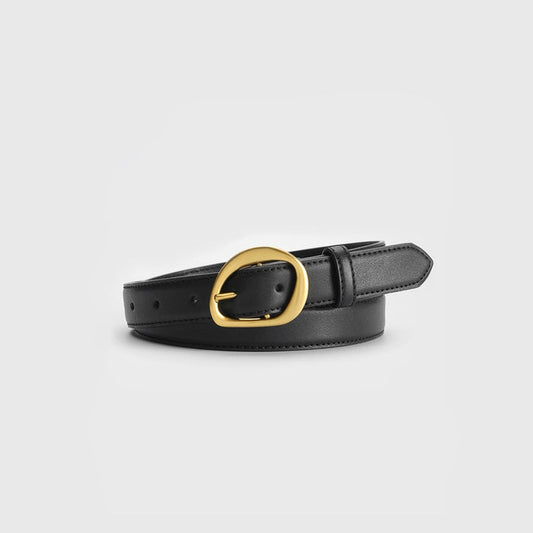Black PU leather belt with a curved oval gold buckle.