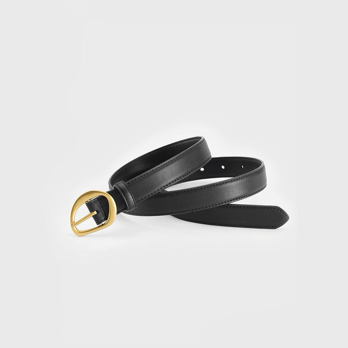 Front view of black Curved Oval Buckle Belt, stylish design for daily wear