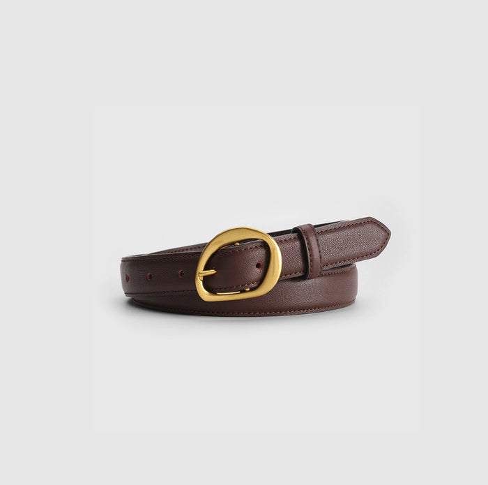 Front view of maroon brown Curved Oval Buckle Belt, classic trendy for daily commuting