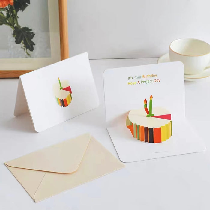 Angled view of Cute Cake Birthday Card, ideal for gifting.