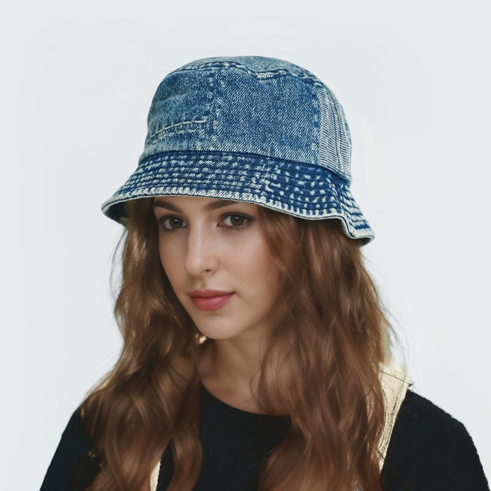 Detailed view of Denim Patchwork Bucket Hat showcasing rugged textured denim and unique patchwork panels.