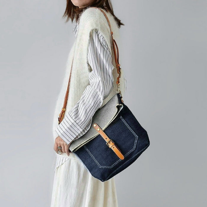 Model carrying a Denim Trimmed Messenger Bag on her shoulder, ideal for city walks and gifting.
