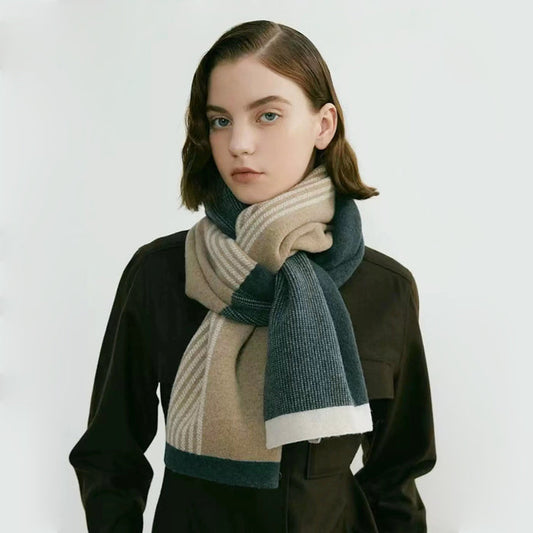Model wearing Soft striped scarf in dark green, beige and white.