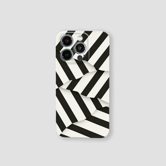 White silicone iPhone case with bold black diagonal stripes. Modern 3D geometric pattern for a sleek look.