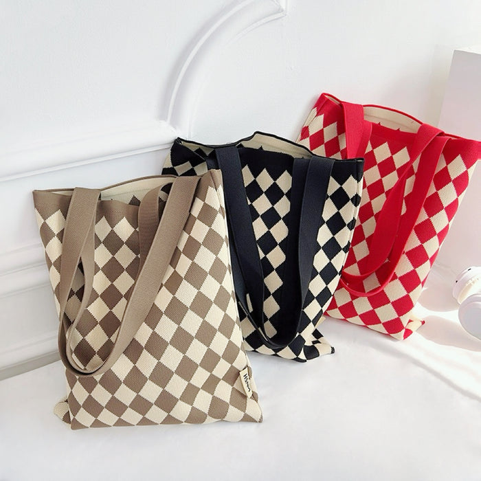 Three Diamond Knitted Tote Bag shown together, black, red and brown.