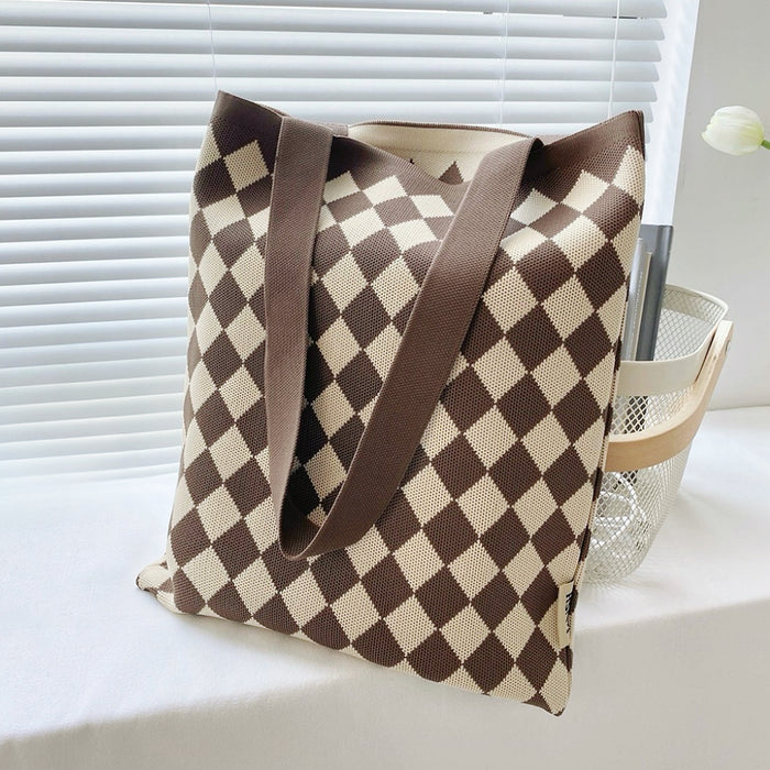 Folded view of Diamond Knitted Tote Bag in brown, easy for commuting and weekends.