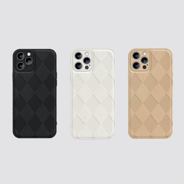 Three iPhone cases with diamond pattern PU leather in black, white, and beige. Luxury quilt design.