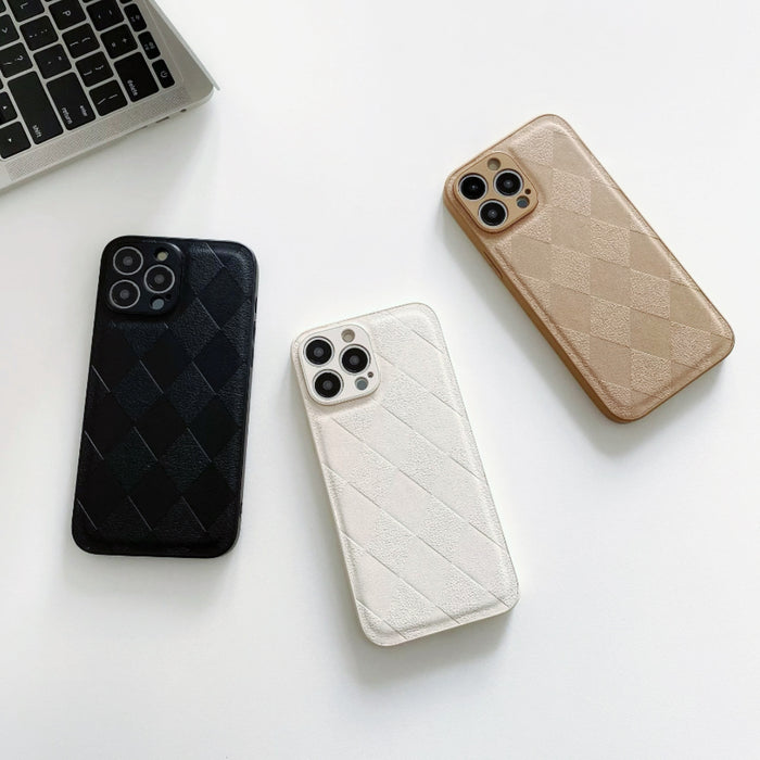 Collection of diamond pattern PU leather cases in black, white, and gold. Elegant sophisticated accessories.