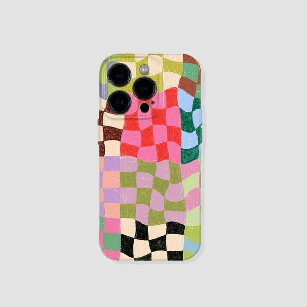 Front view of  distressed colorful plaid phone case against clean background, showcasing vibrant checkerboard pattern.
