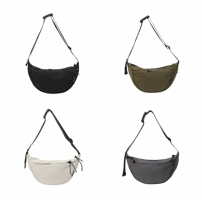 Group of four crescent crossbody bags in black, olive green, white, and grey; best affordable nylon sling bags under $50.