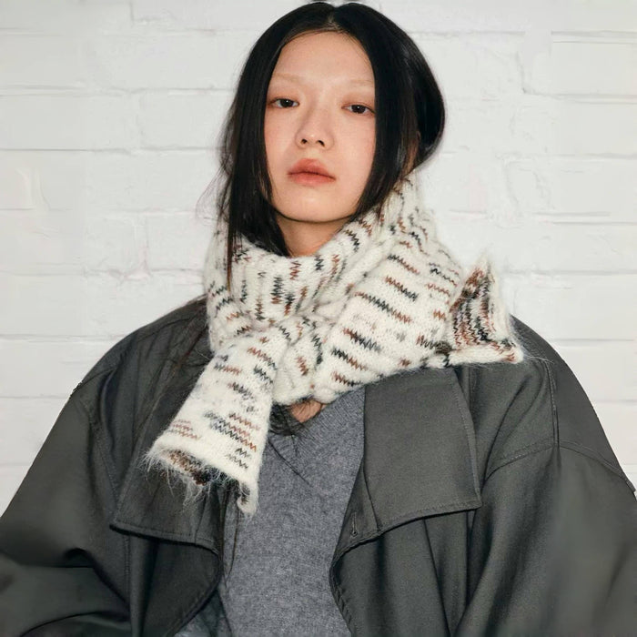 Model wearing a wool scarf Dual-Sided Aurora Texture Soft Scarf, easy for weekend styling and gifting.