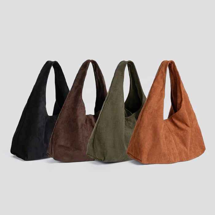 Collection of ease suede hobo bags in four earthy neutral shades.