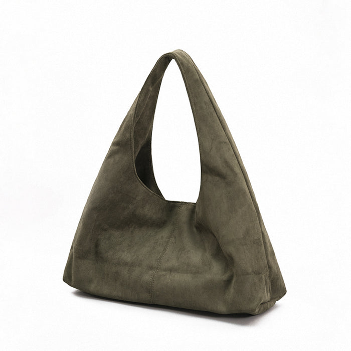 Minimalist front view of the olive green vegan suede shoulder bag.