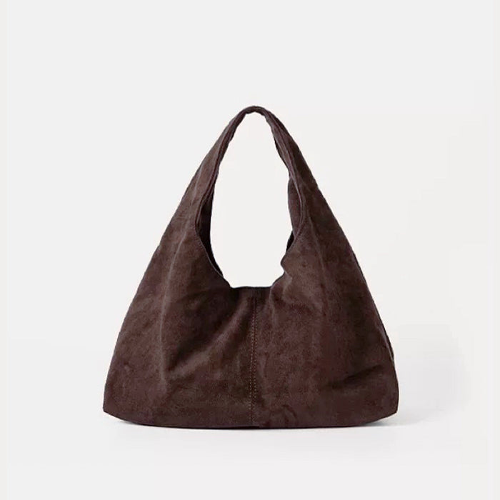 Dark brown version of the minimalist ease suede hobo bag.