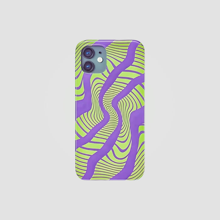 Silicone Electronic Vortex Case in purple and lime green. Vibrant psychedelic wavy design for iPhone.