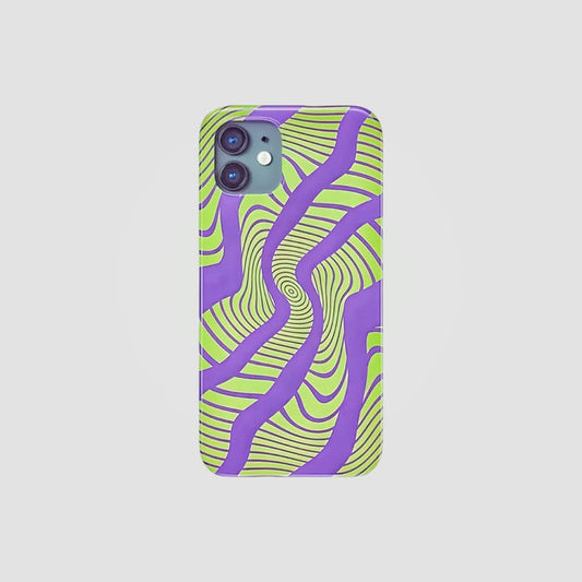 Silicone Electronic Vortex Case in purple and lime green. Vibrant psychedelic wavy design for iPhone.