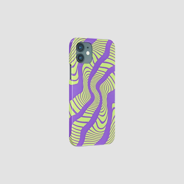 Swirling neon-inspired vortex pattern on a silicone phone case. Futuristic techwear aesthetic accessory.