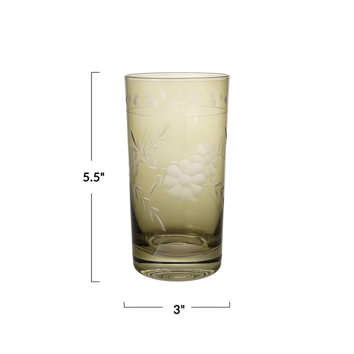 Etched Green Drinking Glass
