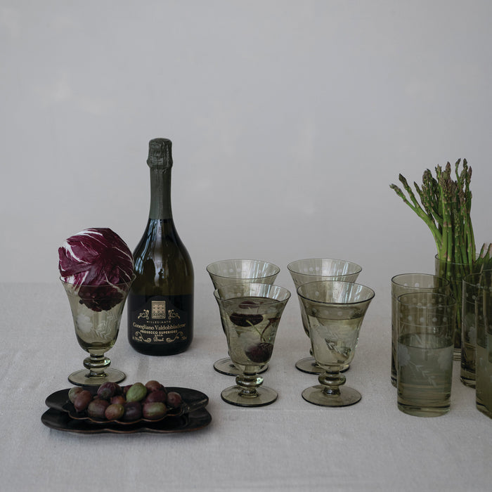 Etched Green Wine Glass