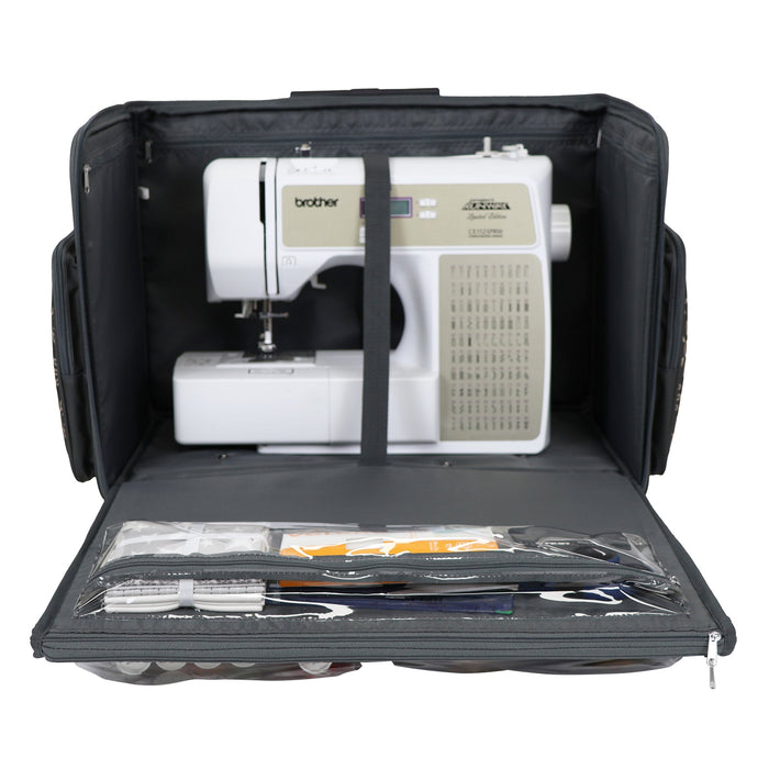 Everything Mary Flat Top XL 4 Wheel Collapsible Rolling Sewing Machine Storage Case, Tan Floral