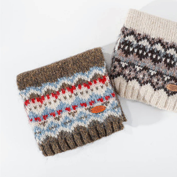 Two folded wool-acrylic Fair Isle pattern scarves. One is brown with red and blue accents, the other is cream with brown and gray.