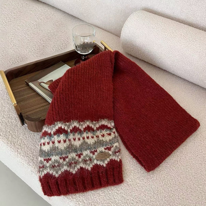 Folded view of Fair Isle Pattern Scarf in burgundy and maroon and red, easy for travel packing and gifting.