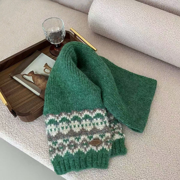 Front view of Fair Isle Pattern Scarf in green, ideal for everyday styling and weekend outings.