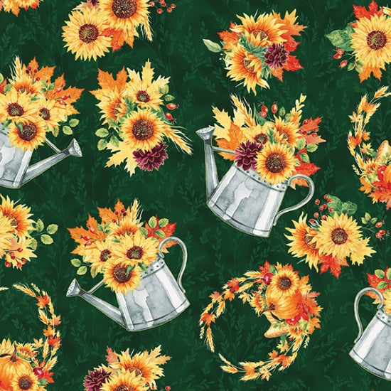 Fall Blooms Metallic Flowers in Watering Can Emerald Gold on Green 100% Cotton Sold by the Yard