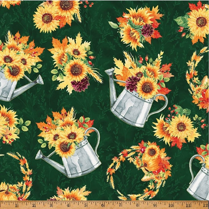 Fall Blooms Metallic Flowers in Watering Can Emerald Gold on Green 100% Cotton Sold by the Yard