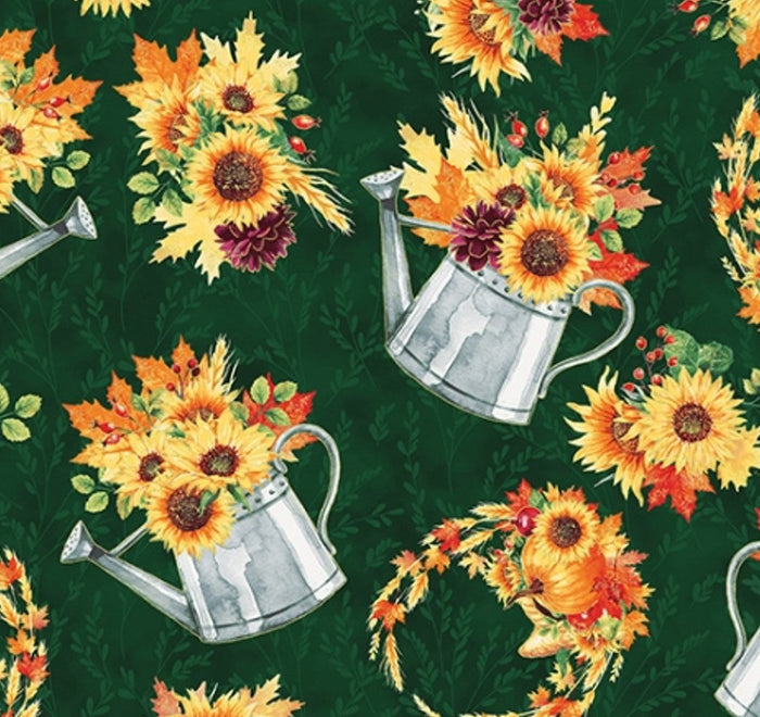 Fall Blooms Metallic Flowers in Watering Can Emerald Gold on Green 100% Cotton Sold by the Yard