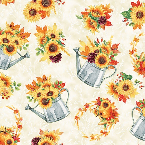 Fall Blooms Metallic Flowers in Watering Can on Cream 100% Cotton Sold by the Yard