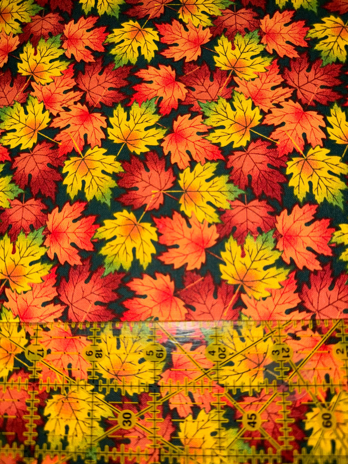 Falling Leaves on Green Teal Fall Autumn 100% Cotton Fabric