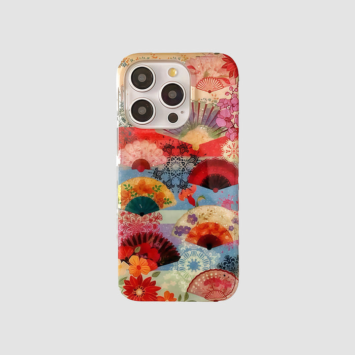 Acrylic Fan Flora phone case with colorful Japanese fan and floral patterns. Unique Oriental aesthetic design.