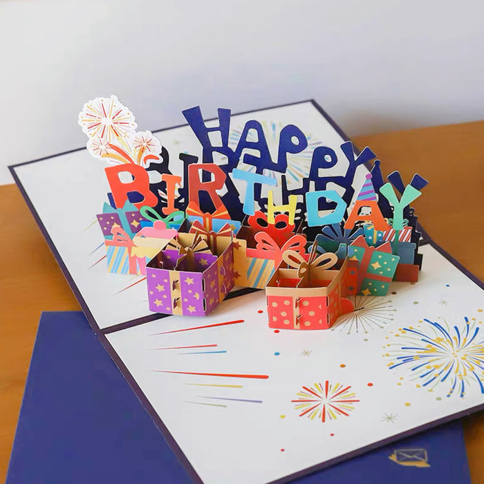 Front view of Colorful pop-up birthday card with3D fireworks and gift boxes..