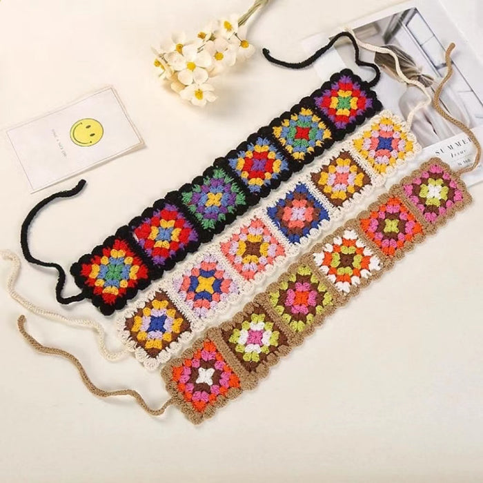 Three colorful  floral crochet hairbands with adjustable ties.