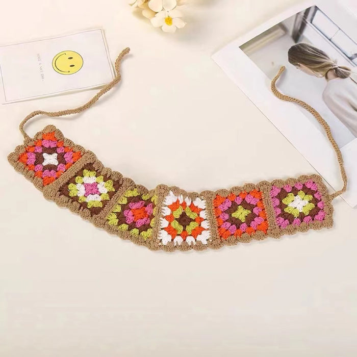 Front view of Floral Crochet Hairband with khaki trim, easy for workdays and special occasions.