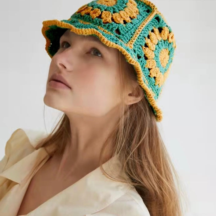 Model wearing green Floral Crochet Hat. Fresh nature-inspired hues with unique artisanal floral designs.
