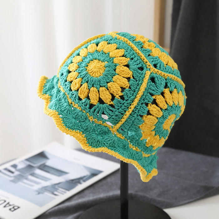 Front view of green Floral Crochet Hat. Breathable and soft accessory for a trendy bohemian style.