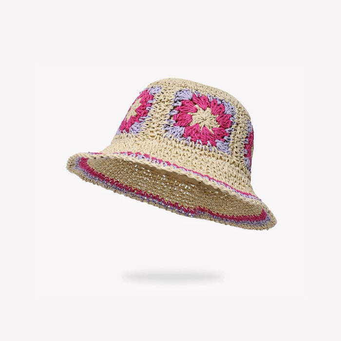 Front view of rose Floral Straw Hat. Feminine pink hue with delicate floral trim for a romantic summer aesthetic.